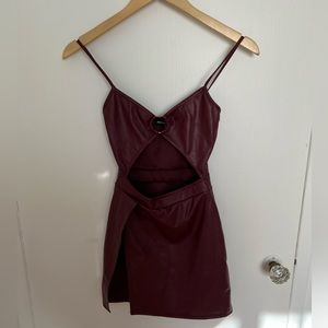 Maroon leather-look cutout mini dress